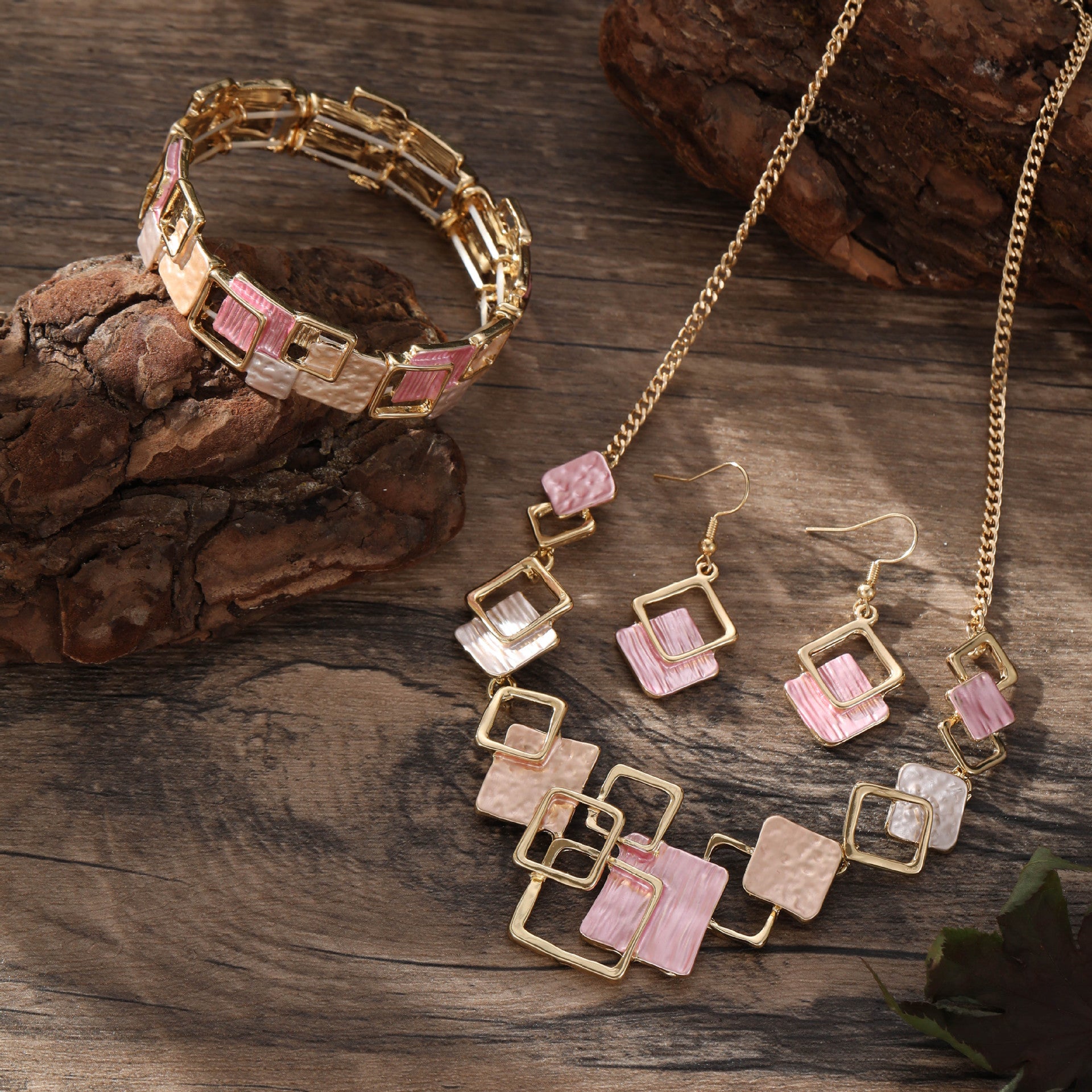 Geometric Inlay Earrings Necklace Bracelet Jewelry Set × 2 – Peacock Green & Pink