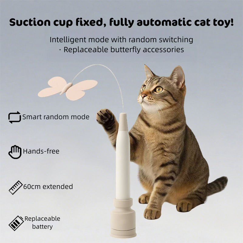 Automatic Interactive Butterfly Cat Toy – Electric Rotating Wand with 60CM Steel Wire, Suction Base & 2 Smart Modes for Kitten Enrichment