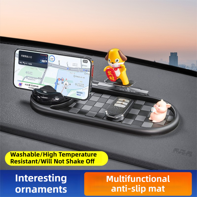 3-in-1 Cute pig Car Dashboard PVC Anti-Slip Mat - 360° Phone Holder & Magnetic Parking Plate, Washable, Non-Marking Grip