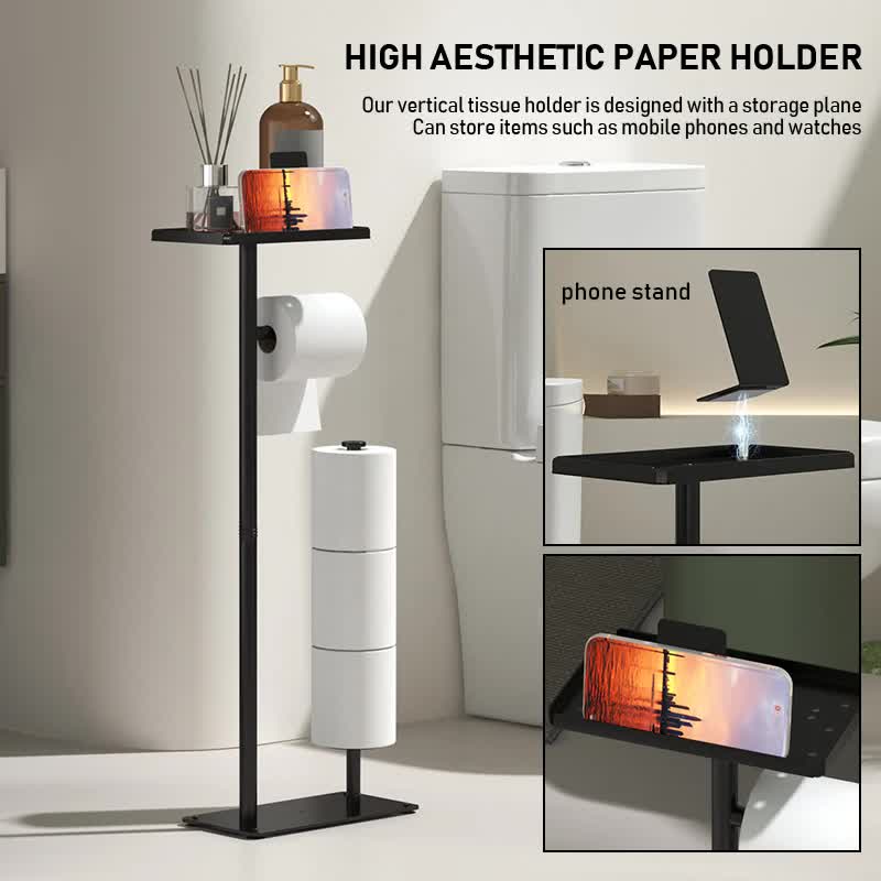 3-in-1 Freestanding Toilet Paper Holder - Thick Carbon Steel with Matte Black Finish, Storage Top, Paper Roll Holder, and Integrated Brush Holder 4