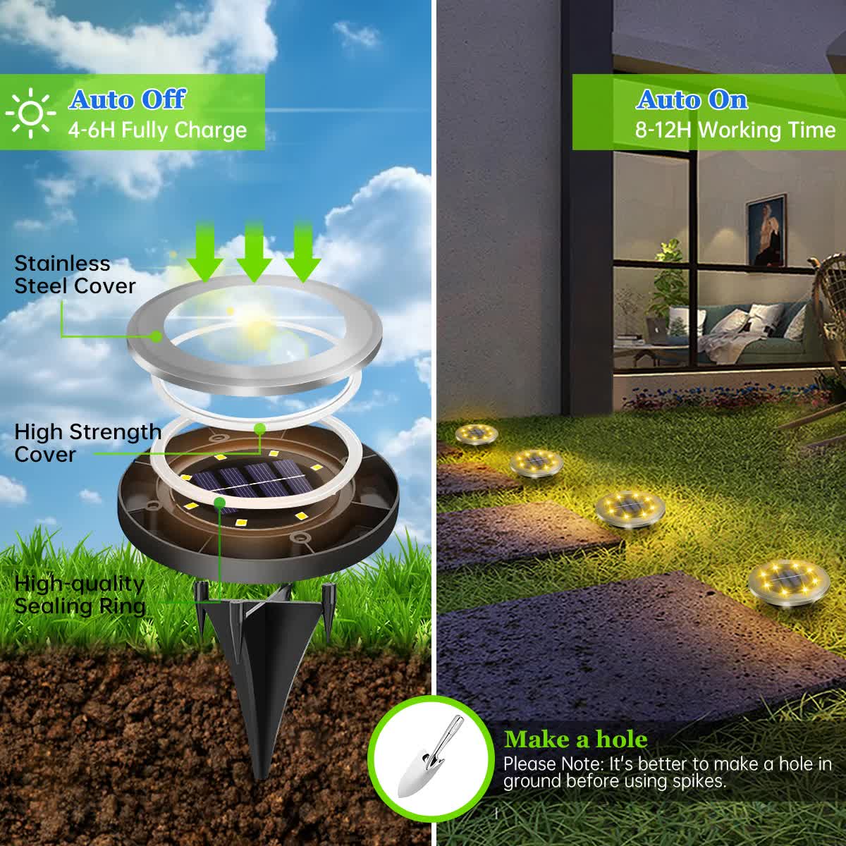 4-Pack New Solar LED In-Ground White Lights (Single 8.3x8.3x10 cm) - Stainless Steel & ABS Waterproof Outdoor Garden Pathway and Landscape Spike Lamp 3