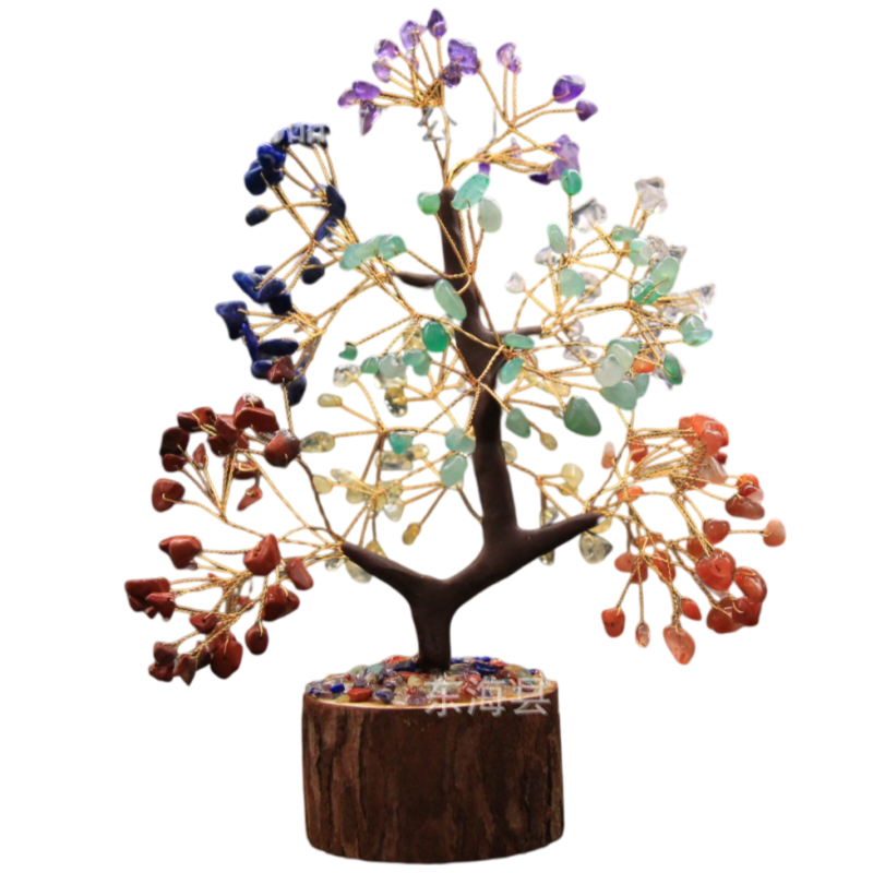 Medium Hand-woven Natural Rainbow Crystal Gemstone Money Tree(H: 22cm) - Healing Chakra Bonsai on Wooden Stump and Stone Base