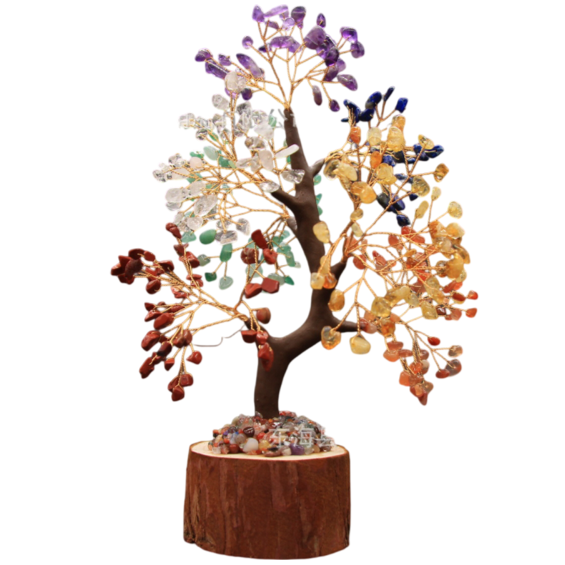 Large Hand-woven Natural Rainbow Crystal Gemstone Money Tree(H: 26cm) - Healing Chakra Bonsai on Wooden Stump and Stone Base