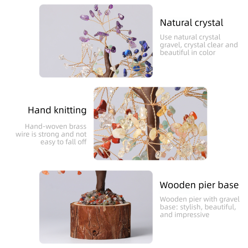 Large Hand-woven Natural Rainbow Crystal Gemstone Money Tree(H: 26cm) - Healing Chakra Bonsai on Wooden Stump and Stone Base