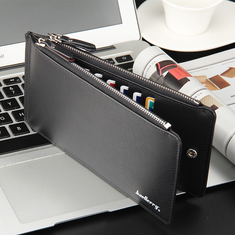 Black Men's Slim Long Bi-Fold Wallet - Multi-Card Holder & Credit Card Organizer with Coin Pocket, Simple PU Leather Clutch