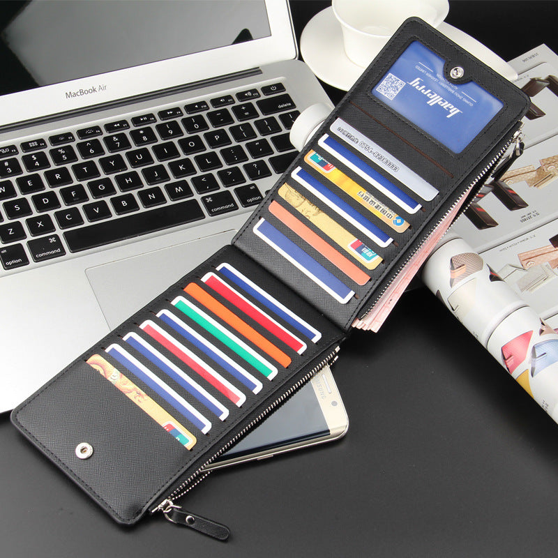 Black Men's Slim Long Bi-Fold Wallet - Multi-Card Holder & Credit Card Organizer with Coin Pocket, Simple PU Leather Clutch