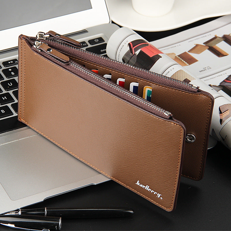 Brown Men's Slim Long Bi-Fold Wallet - Multi-Card Holder & Credit Card Organizer with Coin Pocket, Simple PU Leather Clutch