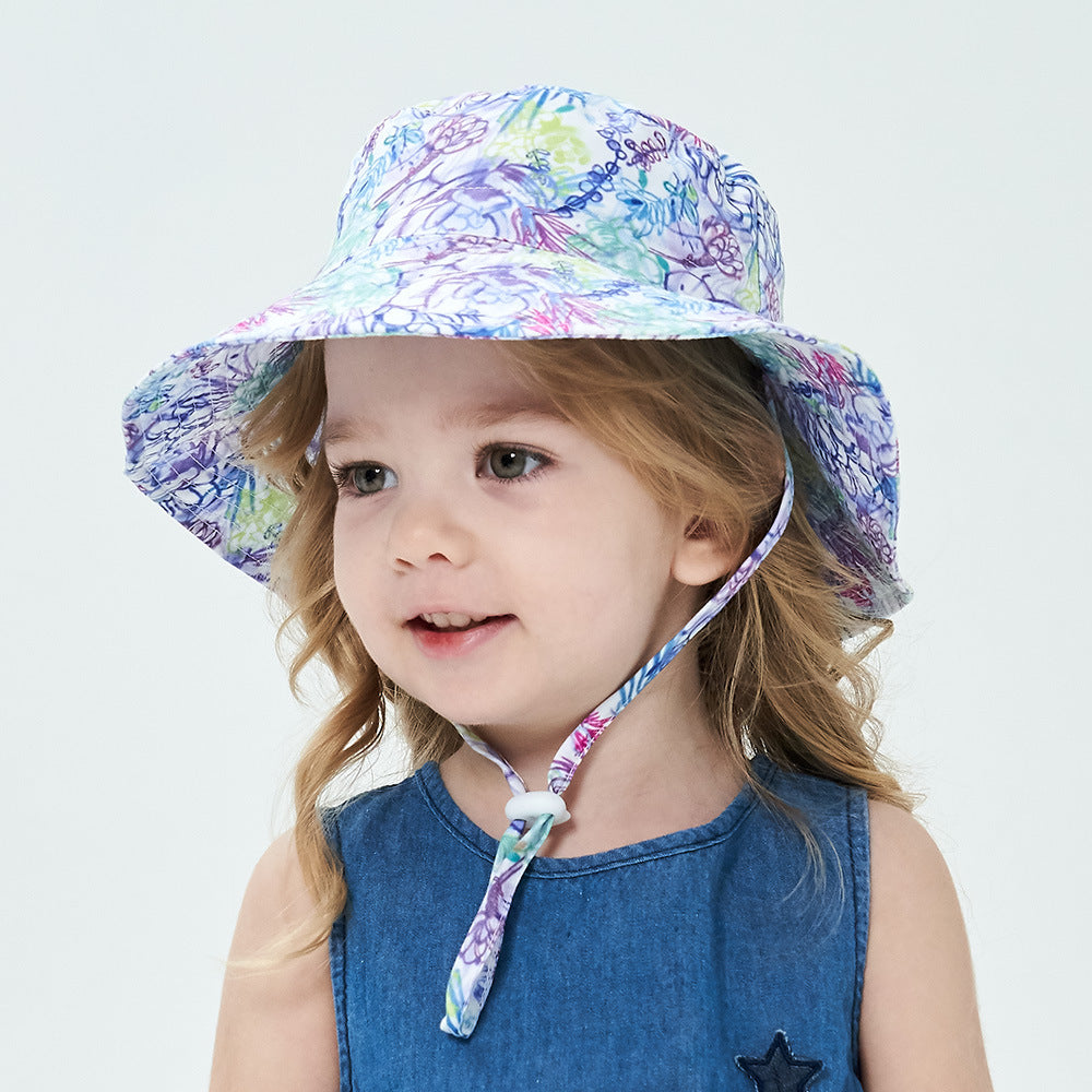 2-Pack Purple Flower Pattern Kids Sun Hat and Travel Beach Fisherman Cap(M Size for Head Circumference 52-54) - Breathable UV Protection Cap