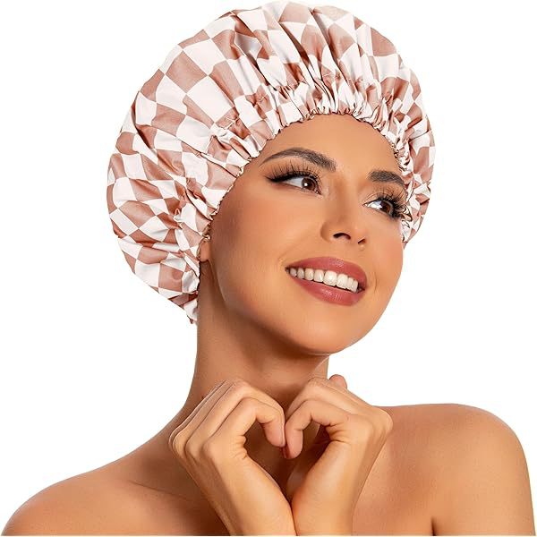Thickened Double-Layer Pink Checkered Printed Waterproof Shower Cap for Women - Thickened Reusable Bath Hair Cover for Adults 3