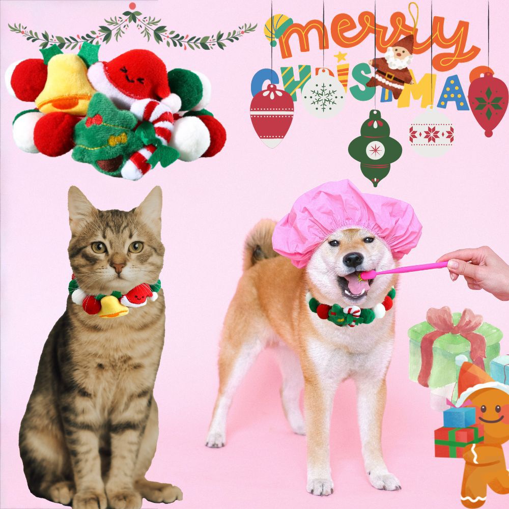 Christmas Pet Pom-Pom Adjustable Cotton Collar Set(2-Pack Size M) - Cat and Dog Holiday Costume, Cute Bell Hat and Tree Umbrella Designs