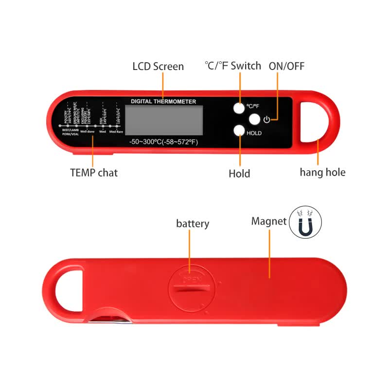 Red Folding Probe Digital LED Food Thermometer(-50℃ to 300℃) - Kitchen Cooking BBQ Meat Milk Temperature Gauge, High Accuracy with Magnet & Hanging Hole 6