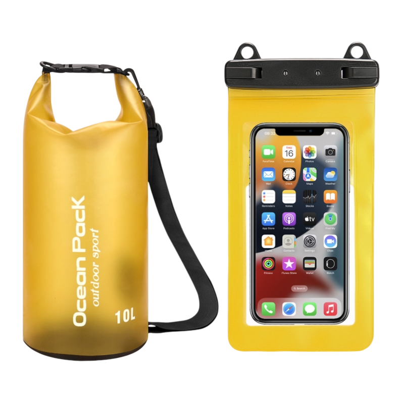 Yellow 10L PVC Waterproof Swimming Bag Bonus with Waterproof Phone Pouch - Roll-Top Floating Dry Gear Bags for Beach, Kayaking & Outdoor Sports