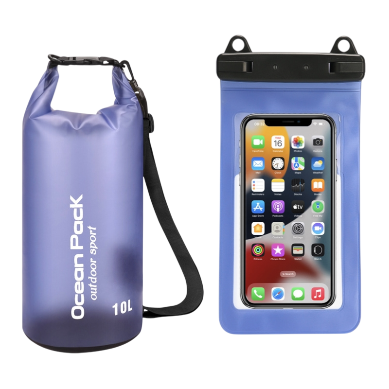Blue Purple 10L PVC Waterproof Swimming Bag Bonus with Waterproof Phone Pouch - Roll-Top Floating Dry Gear Bags for Beach, Kayaking & Outdoor Sports