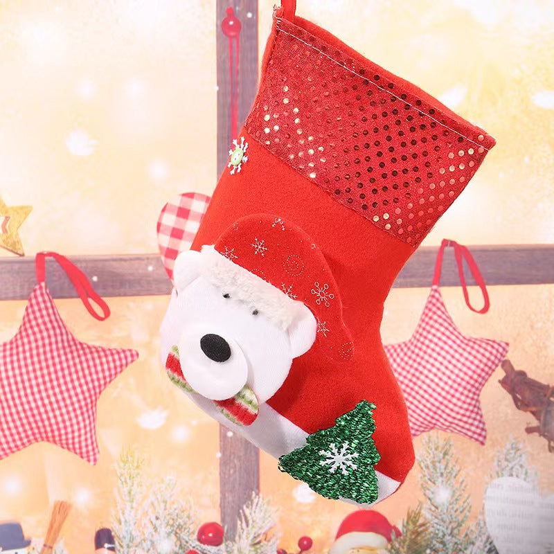E4-3 Winter Bear Sequin Christmas Stocking(25x19CM) - Glitter Hanging Gift Bag for Tree Decor