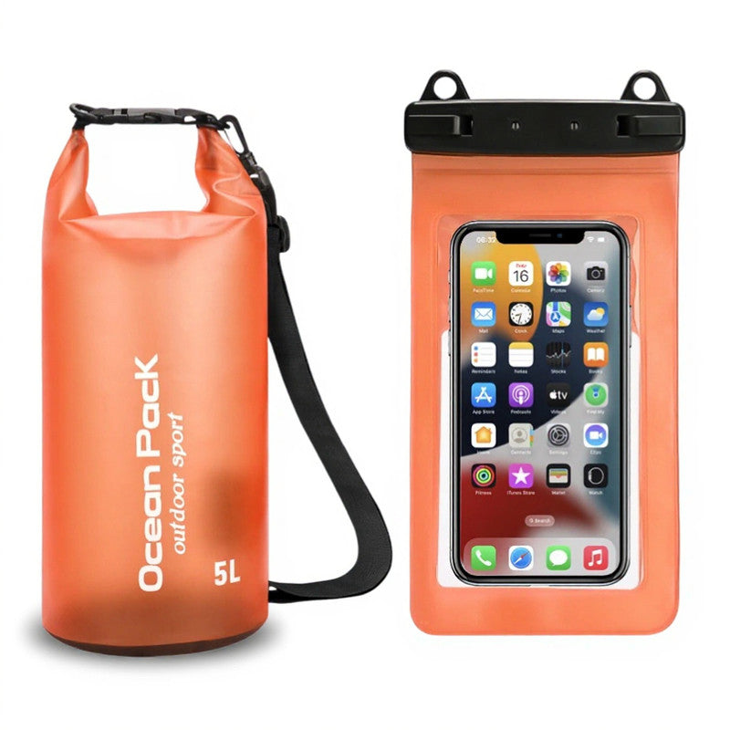 Orange 5L PVC Waterproof Swimming Bag Bonus with Waterproof Phone Pouch - Roll-Top Floating Dry Gear Bags for Beach, Kayaking & Outdoor Sports
