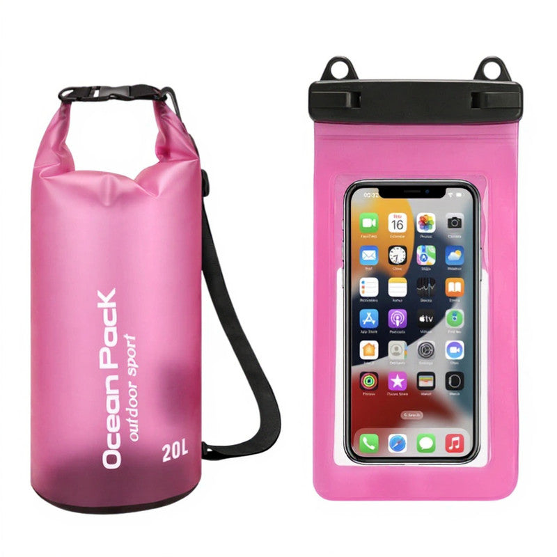 Pink 20L PVC Waterproof Swimming Bag Bonus with Waterproof Phone Pouch - Roll-Top Floating Dry Gear Bags for Beach, Kayaking & Outdoor Sports