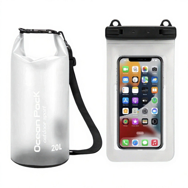 White 20L PVC Waterproof Swimming Bag Bonus with Waterproof Phone Pouch - Roll-Top Floating Dry Gear Bags for Beach, Kayaking & Outdoor Sports