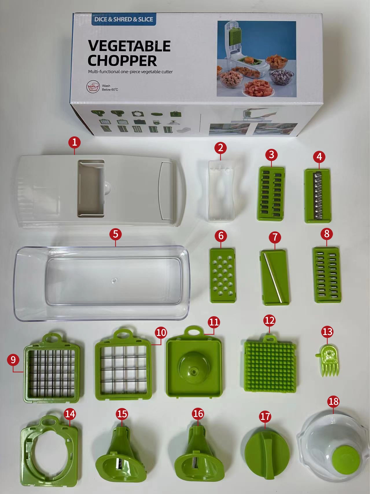 18-Piece White-Green Multi-Function Vegetable Chopper & Slicer Set - Rotary Grater with 5 Muti-Style Stainless Steel Blades for Home Kitchen 7