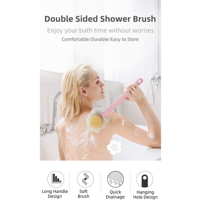 2-Pack Blue 2-in-1 Soft Bristle Long Handle Bath Brush & Shower Pouf Combo - Double-Sided Back Scrubber for Adults & Kids 3