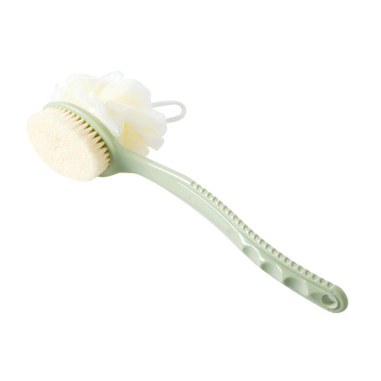 2-Pack Green 2-in-1 Soft Bristle Long Handle Bath Brush & Shower Pouf Combo - Double-Sided Back Scrubber for Adults & Kids
