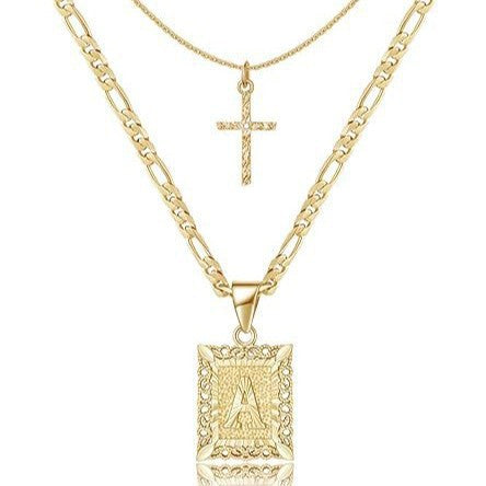 Personalised Copper Adjustable Layered Necklace Set(4PCS) - Custom A-Z Initial Letter Square + Cross Pendant & Double Cross Pendant Stacking Combo 4