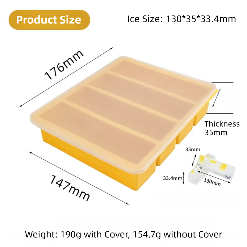 2-Packs Blue Flexible 4-Grid Silicone Long Ice Cube Tray with Lid - Easy Release Reusable Mold for Narrow Bottles & Cocktails 6