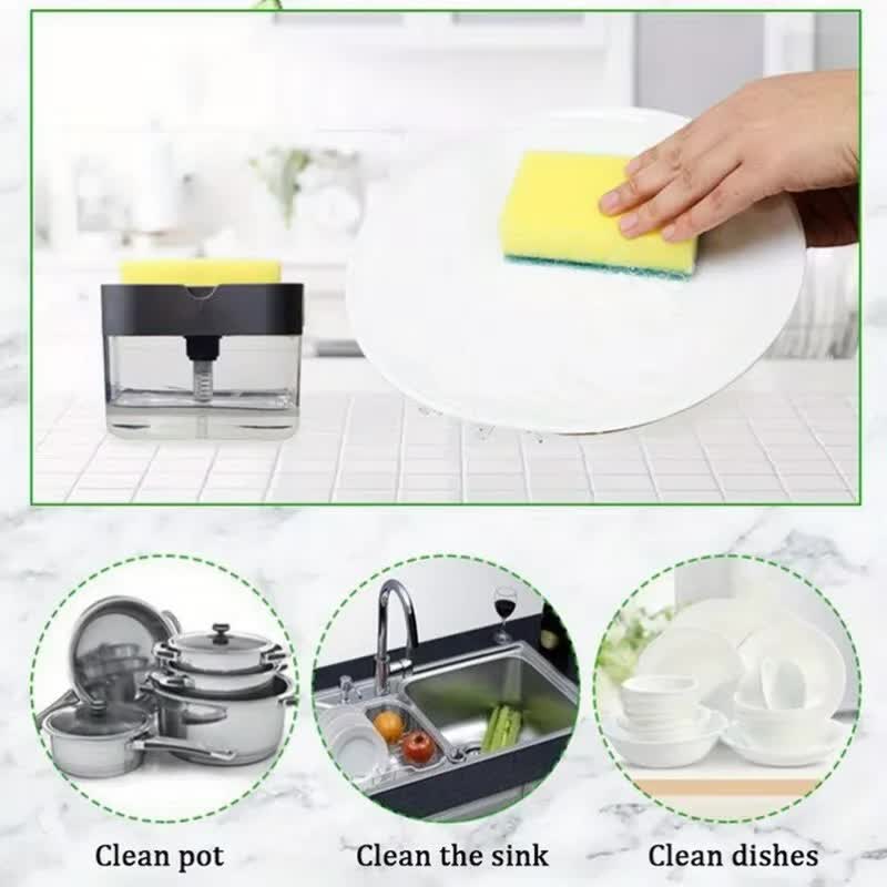 2-Pack White Kitchen Press-Type Dish Soap Dispenser & Sponge Caddy - 2-in-1 Automatic Liquid Pump for Dish Scrubbers & Scouring Pads 3