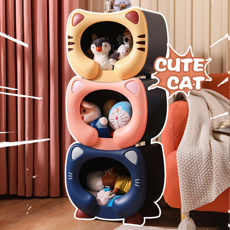 Yellow Cute Cat-Themed Stackable Storage Bin - Multi-purpose Pet Bed & Toy Organizer