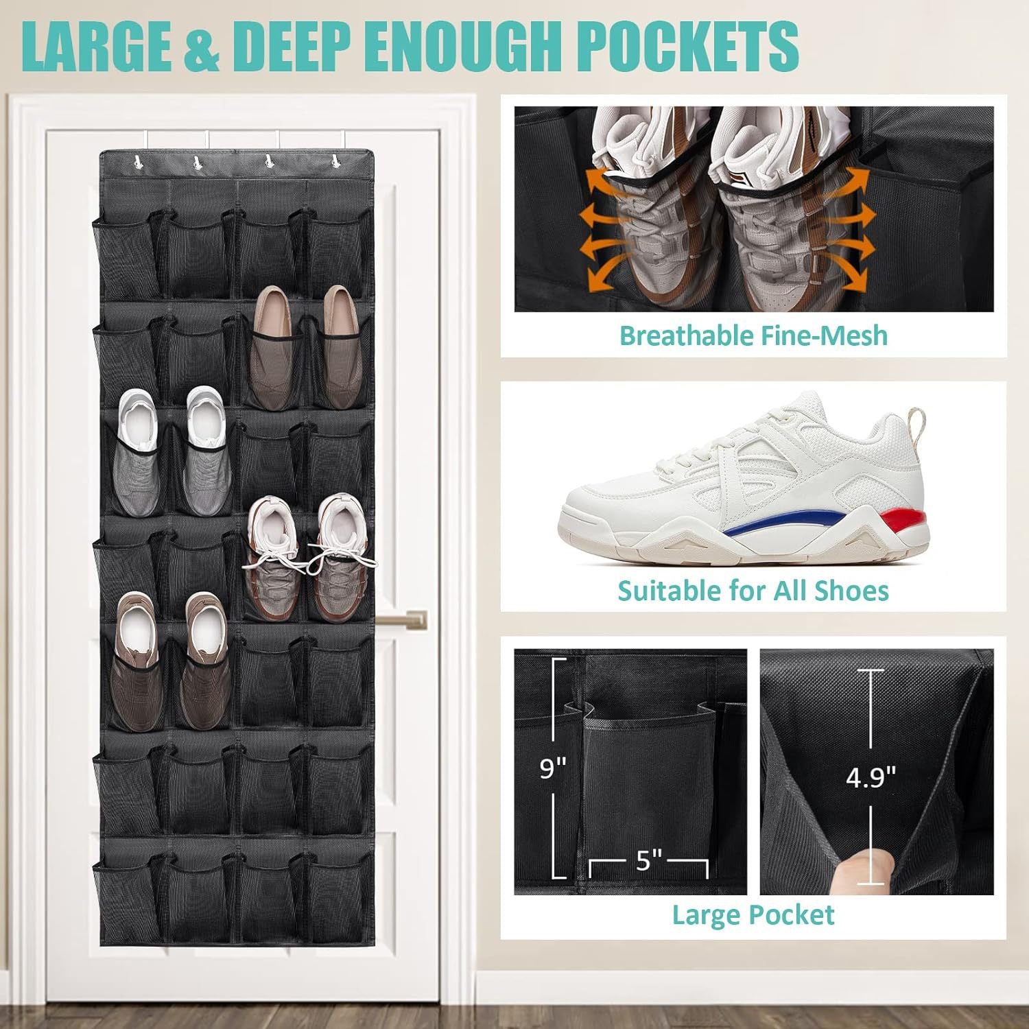 Black 28-Pocket Over-the-Door Shoe Organizer with Breathable Mesh – Wall Hanging Storage Bag for Shoes, Boots, and Accessories 4