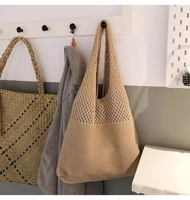 Khaki twist Bohemian Knit Shoulder Bag - Hand-Woven Crochet Tote for Women