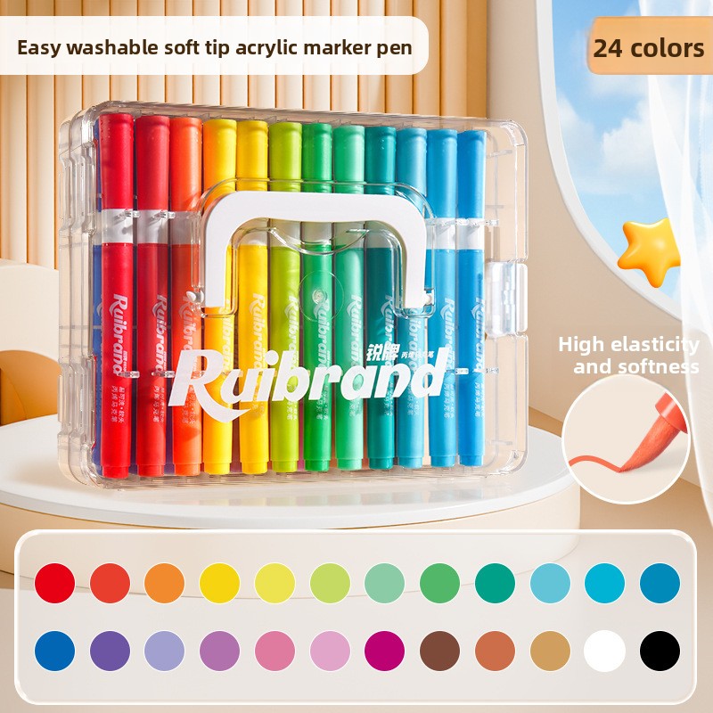 24 Colors Ruibrand Kids Washable Acrylic Markers Set - Non-Toxic, Blendable Art Pens for Students & Artists