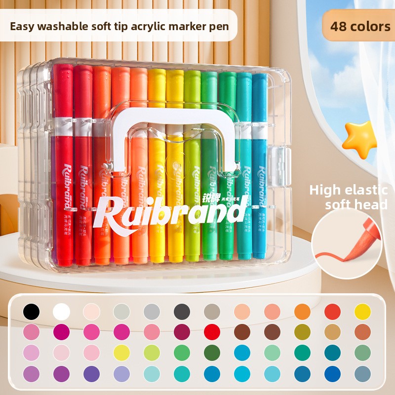 48 Colors Ruibrand Kids Washable Acrylic Markers Set - Non-Toxic, Blendable Art Pens for Students & Artists