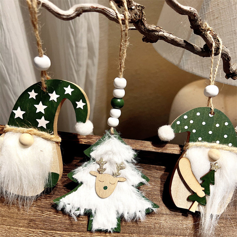 3-PCS The old man with green dots Christmas Ornaments Hanging Pendants Nordic Style Gnomes and Reindeer with Faux Fur and Beads for Xmas Tree Home Party Decoration 3