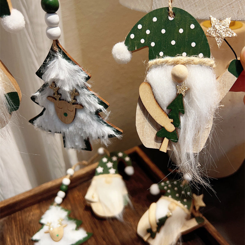 3-PCS Green wood chip trees Christmas Ornaments Hanging Pendants Nordic Style Gnomes and Reindeer with Faux Fur and Beads for Xmas Tree Home Party Decoration