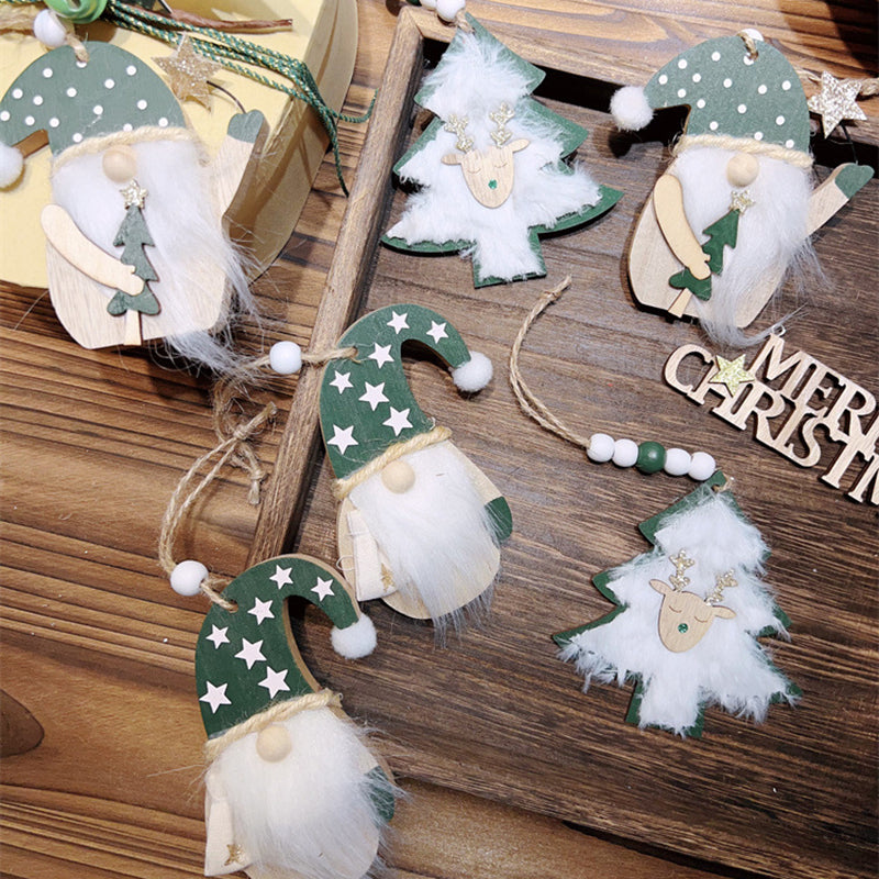 3-PCS Old Man with Green Stars Christmas Ornaments Hanging Pendants Nordic Style Gnomes and Reindeer with Faux Fur and Beads for Xmas Tree Home Party Decoration 4