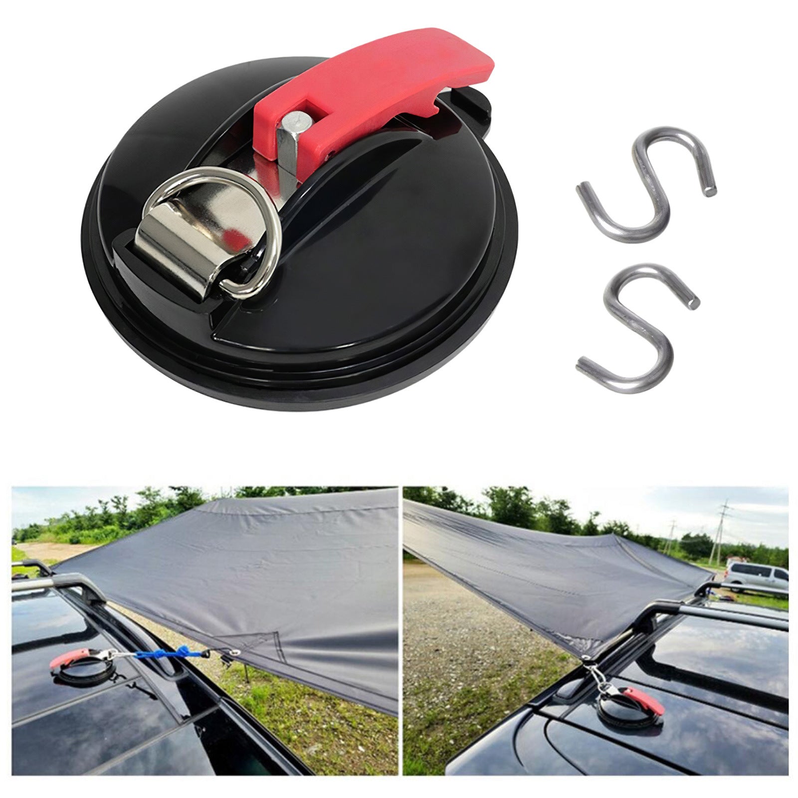 4 Pack Red plate + black buckle Heavy Duty Suction Cup Anchors with S-Hooks for Car Side Awnings and Camping Tarps Multifunctional Tie Down Points for Outdoor Road Trips 10kg Capacity 4