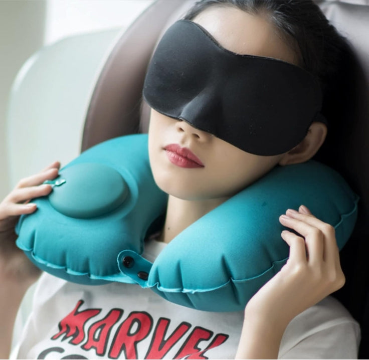 2-PCS Black Inflatable Travel Neck Pillow Press to Inflate U-Shape Soft Flocking Support Cushion for Airplane Car & Camping Portable Air Pump Design 3