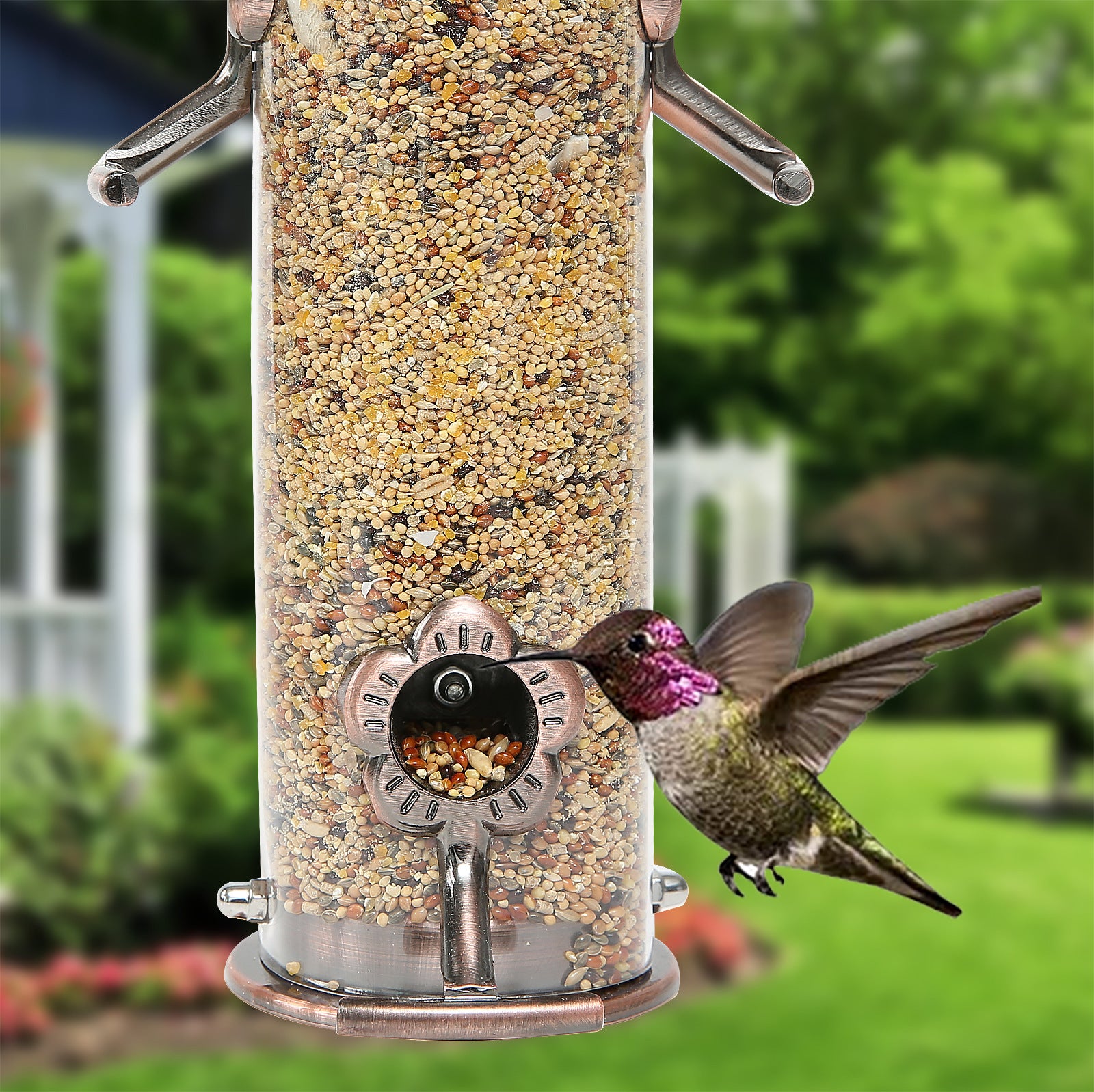 Hanging Metal Wild Bird Feeder Weatherproof Outdoor Garden Bird Food Dispenser with 4 Feeding Ports and Perches 3