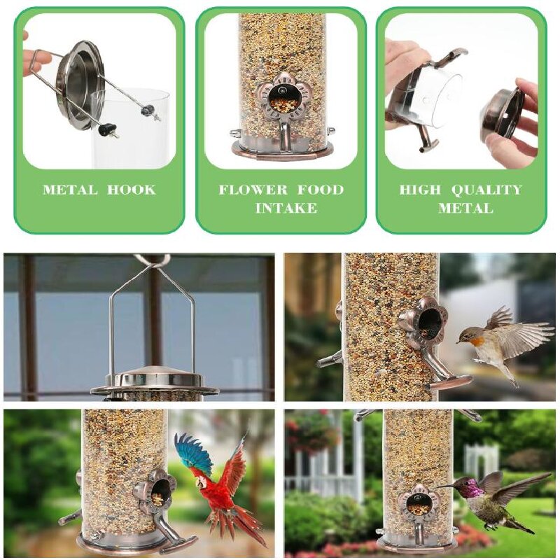 Hanging Metal Wild Bird Feeder Weatherproof Outdoor Garden Bird Food Dispenser with 4 Feeding Ports and Perches 4