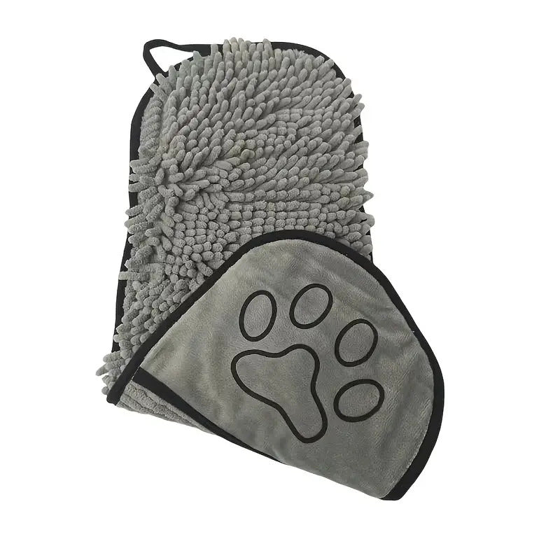 Grey Super Absorbent Pet Bath Towel with Hand Pockets Quick Dry Chenille Microfibre for Dogs and Cats Large Size 62cm