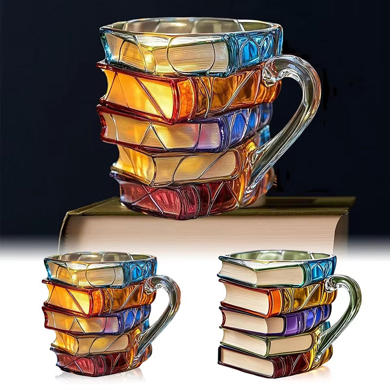 3D Book Stack Resin Mug with Spoon Creative Library Bookshelf Design Coffee Cup Unique Gift for Book Lovers and Writers(style A)