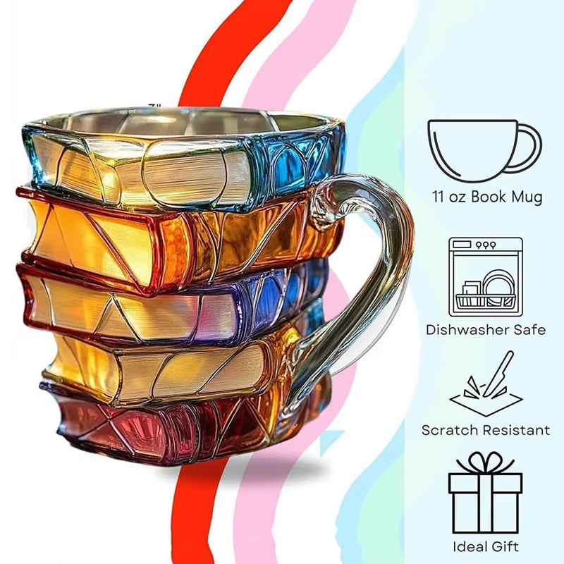 3D Book Stack Resin Mug with Spoon Creative Library Bookshelf Design Coffee Cup Unique Gift for Book Lovers and Writers(style I) 3