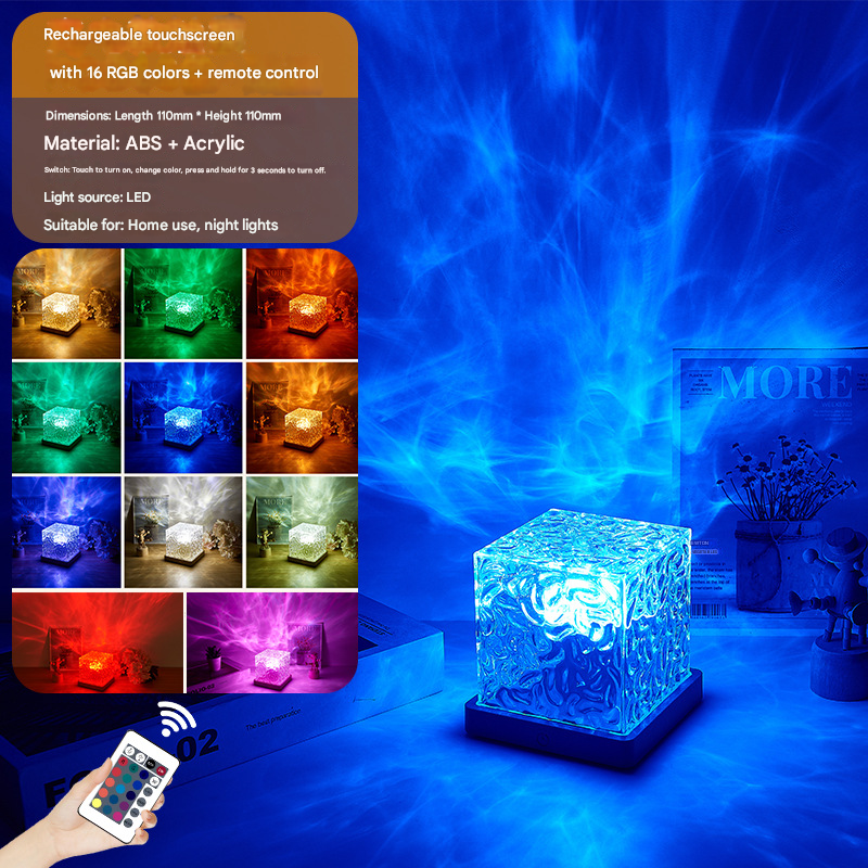 Square Dynamic Water Ripple Projector Night Light 16 RGB Colours Rechargeable LED Atmosphere Lamp with Remote Control for Bedroom and Photography