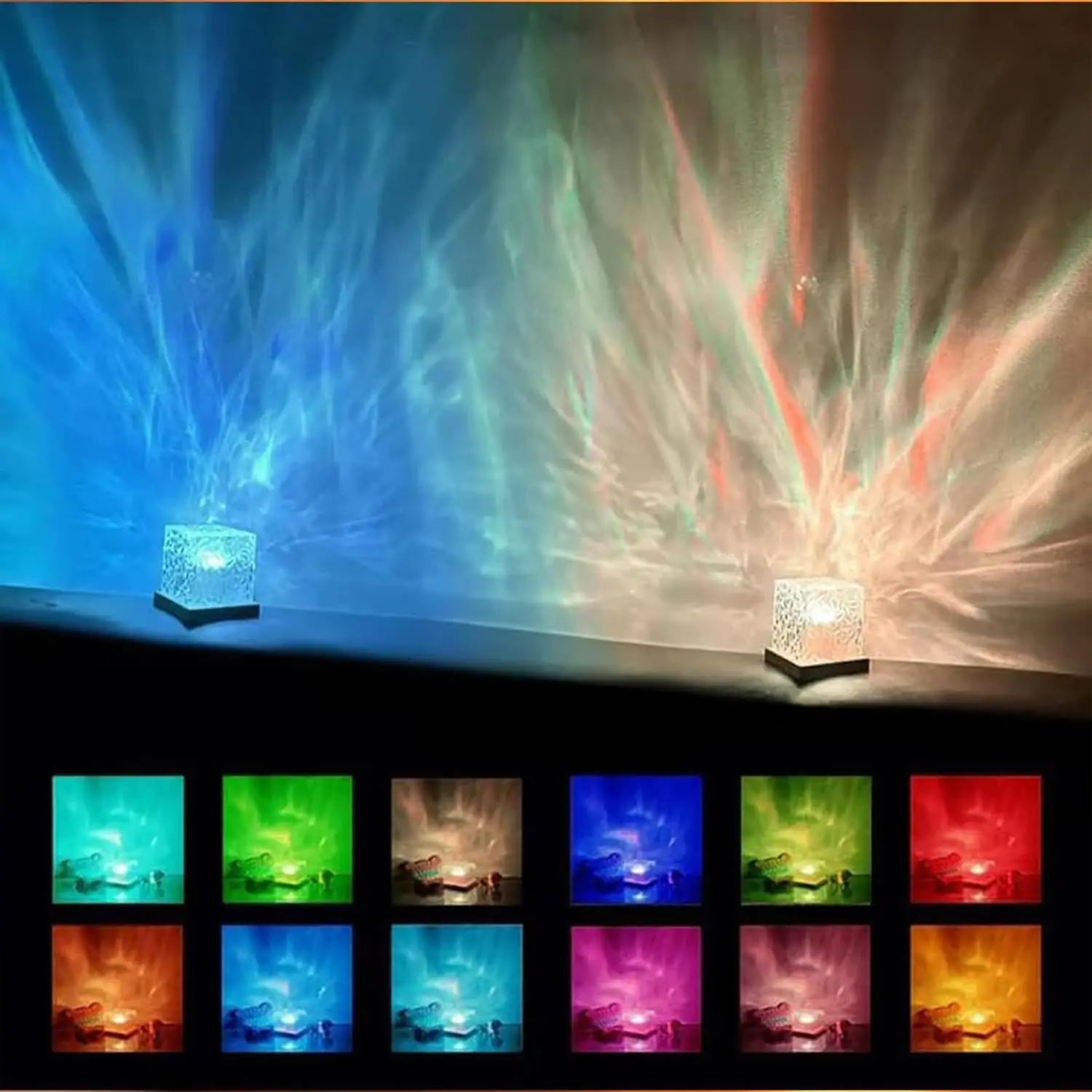 Square Dynamic Water Ripple Projector Night Light 16 RGB Colours Rechargeable LED Atmosphere Lamp with Remote Control for Bedroom and Photography