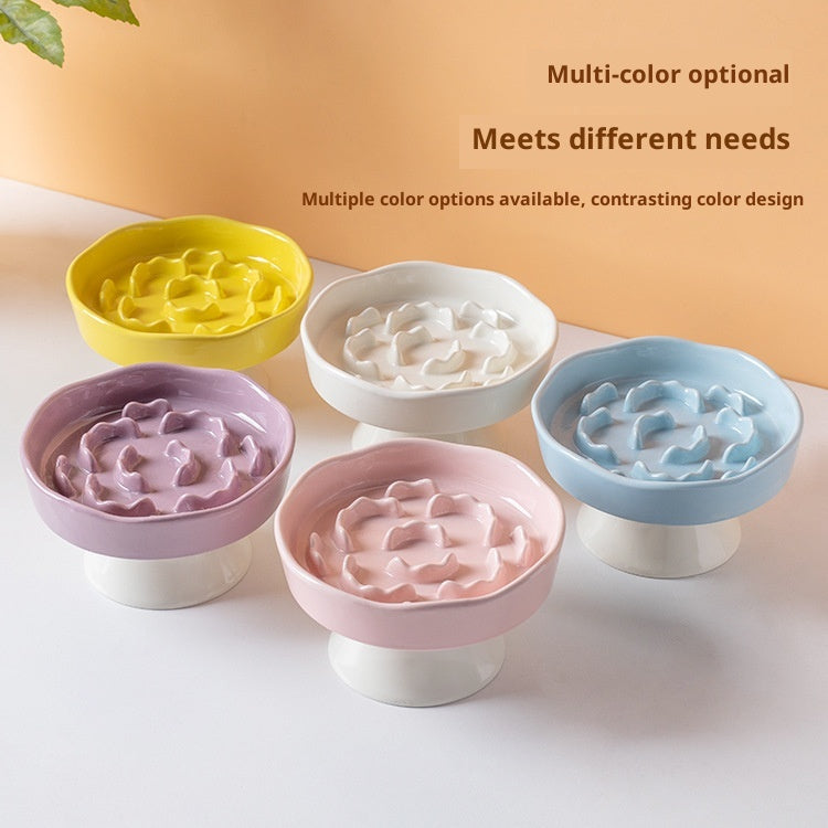 Yellow Ceramic Elevated Slow Feeder Bowl Raised Pet Dish 310ml Anti-Vomit Puzzle Design for Cats and Small Dogs Healthy Digestion Sturdy Base 4