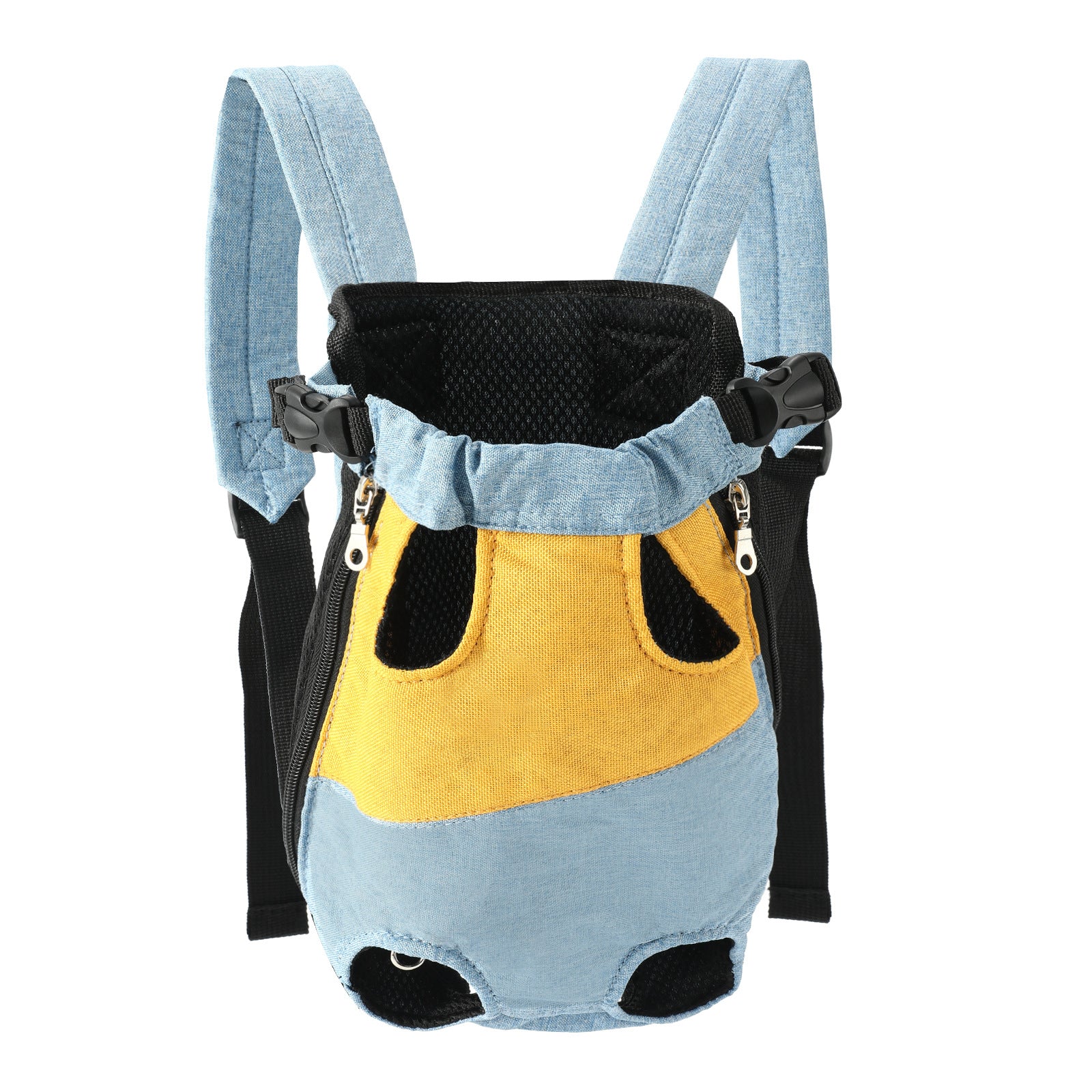 Yellow denim blue Pet Carrier Backpack Front Chest Pack Legs Out Breathable Mesh for Small Dogs Cats Hiking Travel Hands Free Adjustable Design(Size:M)
