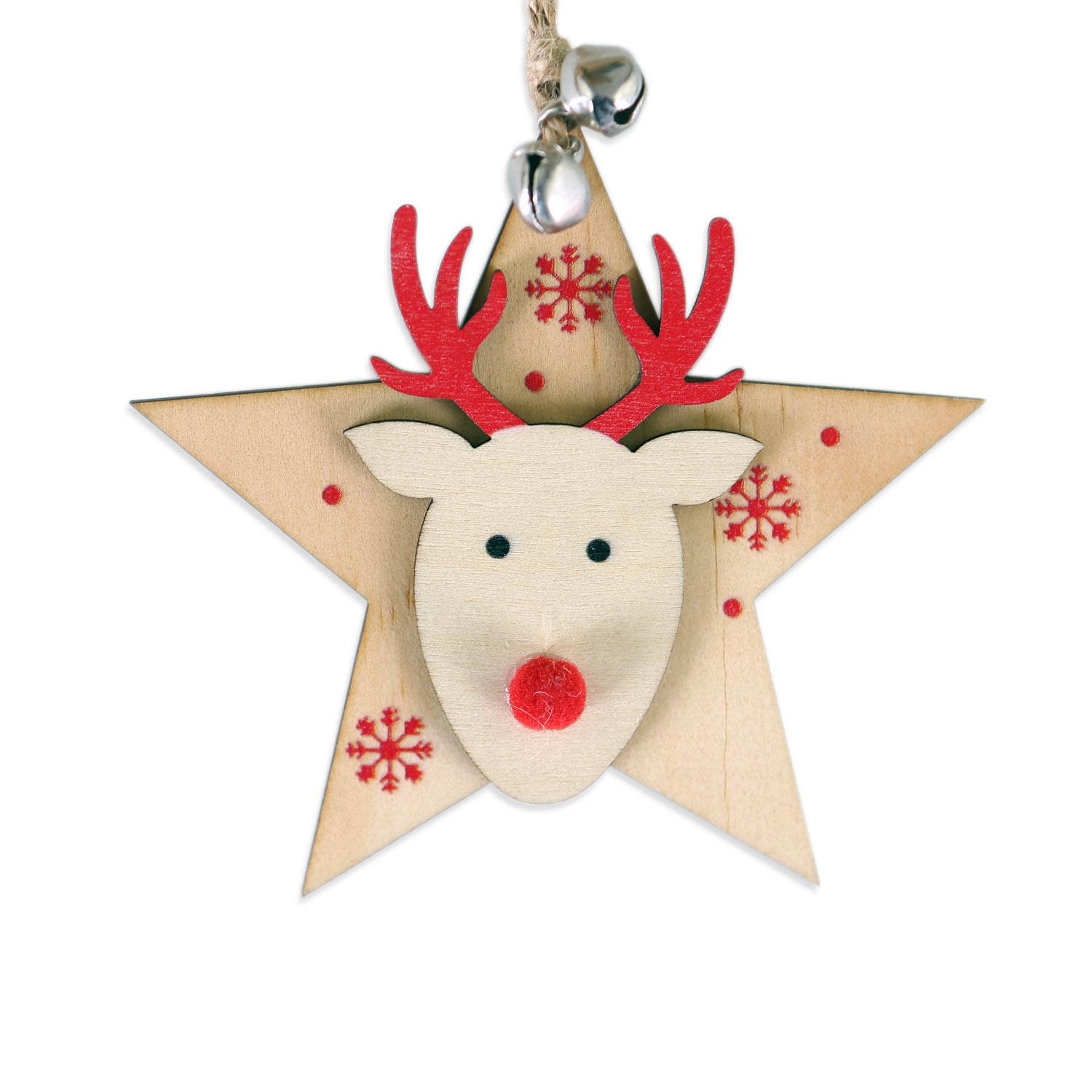 5 SET Rustic Wooden Christmas Hanging Ornaments with Bells - Santa, Reindeer, Tree & More (5 Designs) 8
