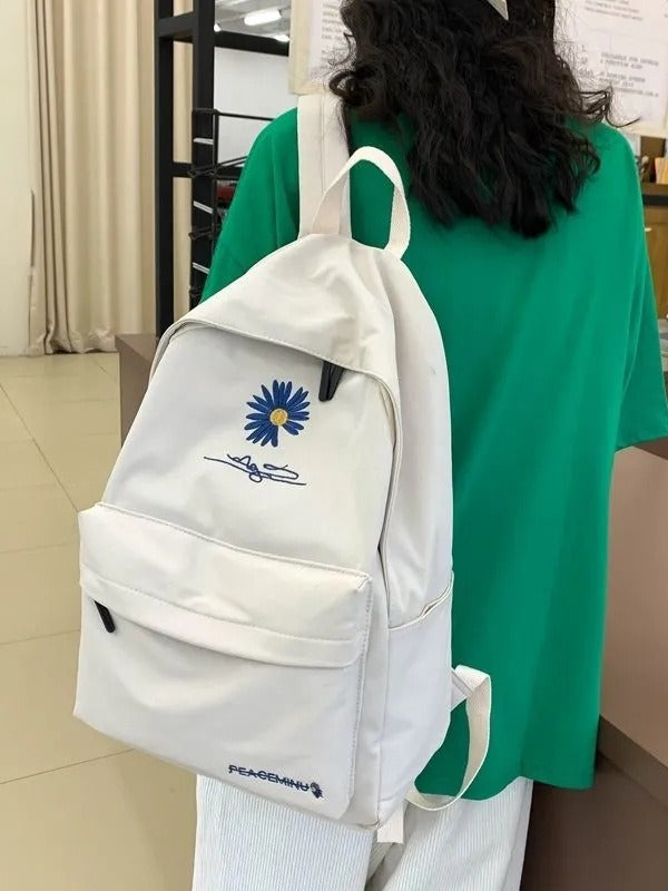 Daisy Embroidered Waterproof Backpack School Bag White Nylon Laptop Daypack for High School Uni and Travel