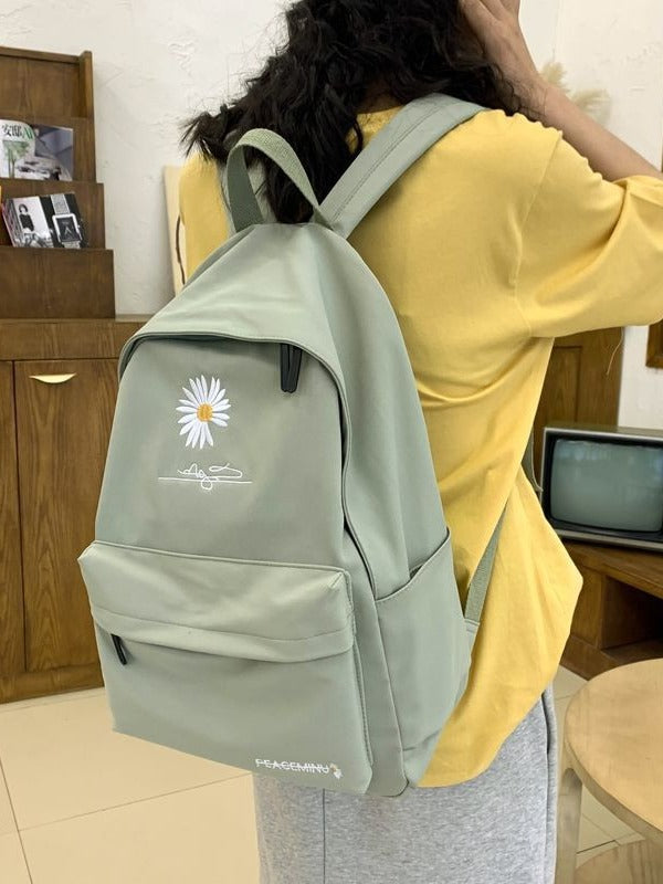 Daisy Embroidered Waterproof Backpack School Bag Green Nylon Laptop Daypack for High School Uni and Travel 3