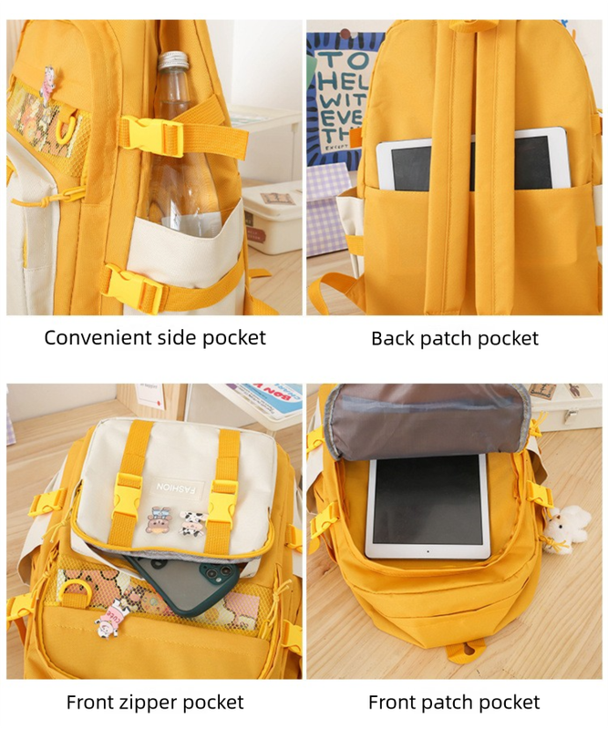 5 Piece Aesthetic School Backpack Set Yellow Oxford Fabric Fits 14 Inch Laptop 6